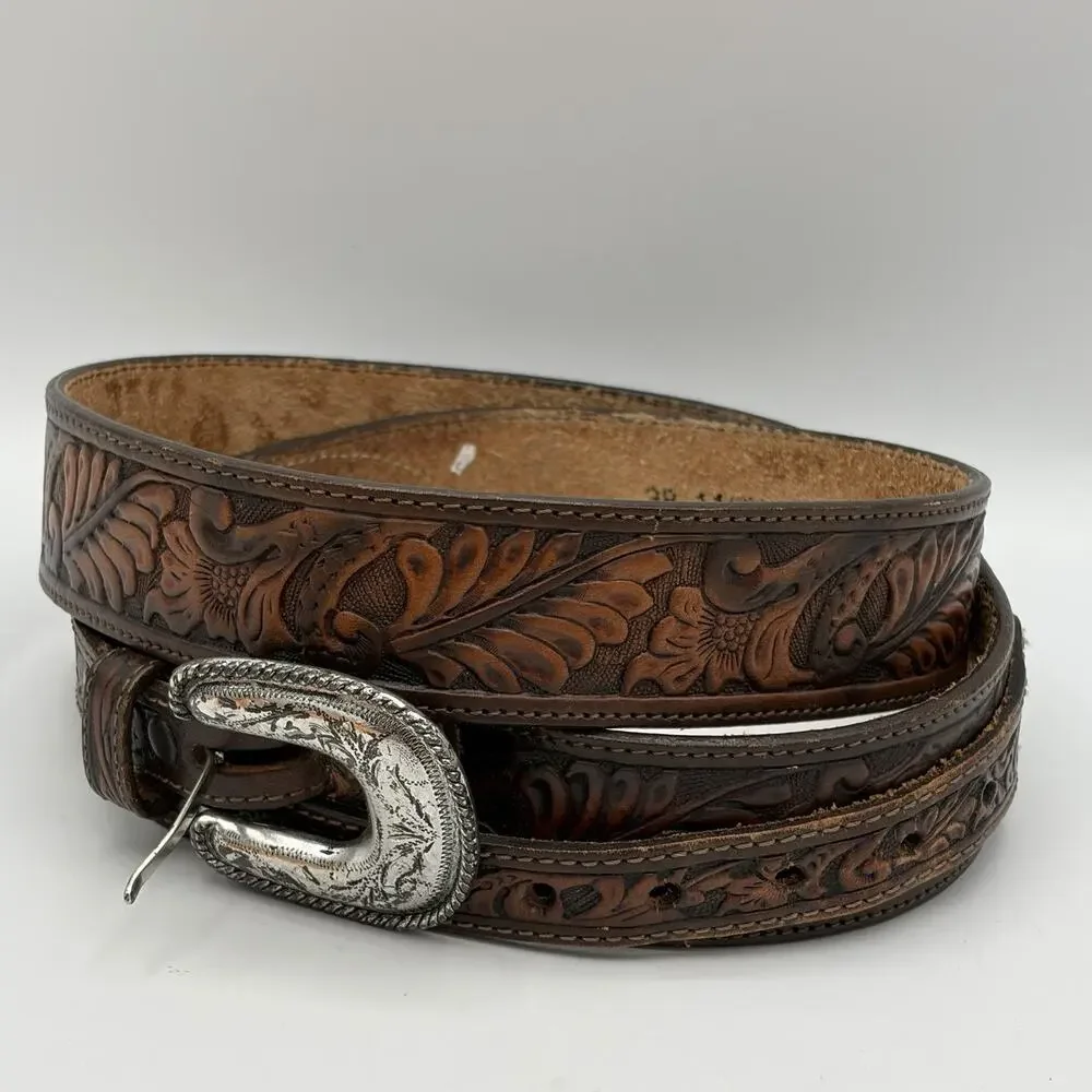 Justin Men’s Brown Leather Ranger Belt Silver Tone Accents Size 38 USA 114CH